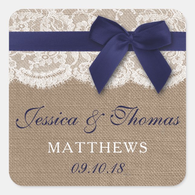 Navy Ribbon On Burlap & Lace Wedding Square Sticker (Front)