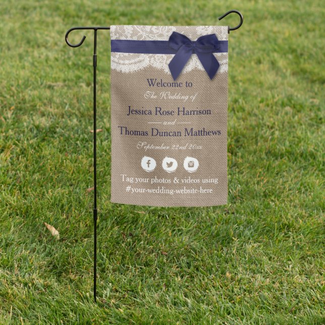Navy Ribbon On Burlap & Lace Wedding Welcome Garden Flag (In SItu)
