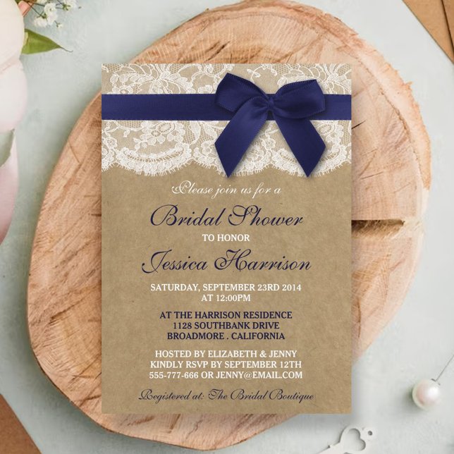 Navy Ribbon On Kraft & Lace Bridal Shower Invitation (Creator Uploaded)