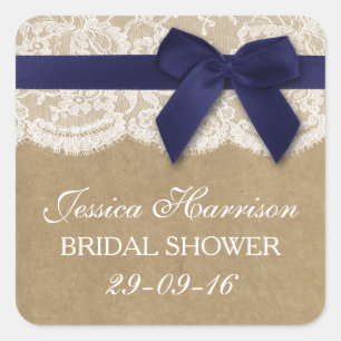 Navy Ribbon On Kraft & Lace Bridal Shower Square Sticker