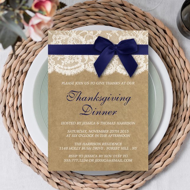 Navy Ribbon On Kraft & Lace Thanksgiving Dinner Invitation (Creator Uploaded)