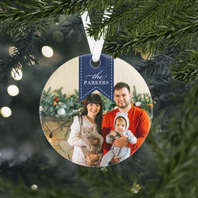 Navy Ribbon | Personalized Holiday Photo Ornament (Creator Uploaded)