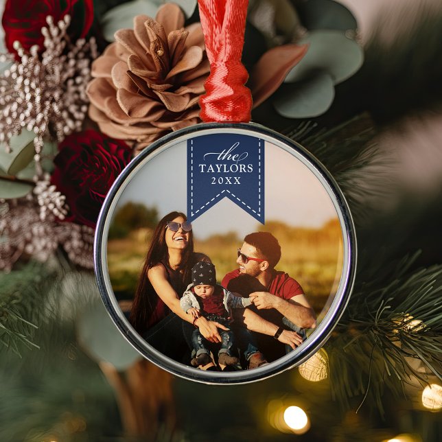 Navy Ribbon | Personalized Name & Year Photo Metal Ornament (Creator Uploaded)