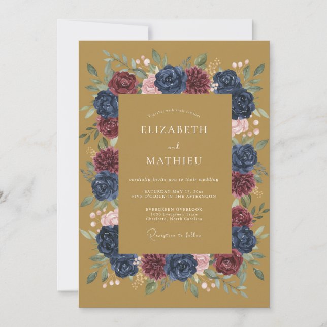 Navy Rich Botanical Autumnal Wedding Invitation (Front)