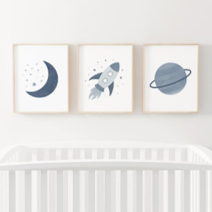 Navy Rocket Ship Moon Planet Outer Space Kids Room Wall Art Sets