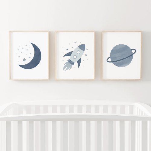 Navy Rocket Ship Moon Planet Outer Space Kids Room Wall Art Sets