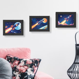 Navy Rocket Ship Moon Planet Outer Space Kids Room Wall Art Sets