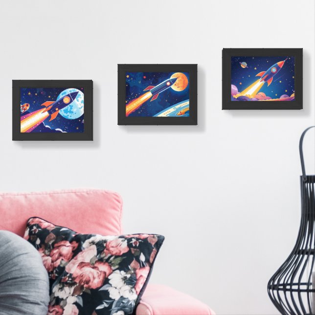 Navy Rocket Ship Moon Planet Outer Space Kids Room Wall Art Sets (Livingroom)