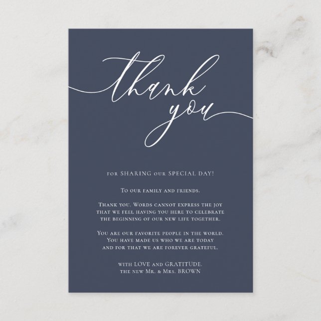 Navy Romantic Photo Calligraphy Thank You Enclosure Card (Front)