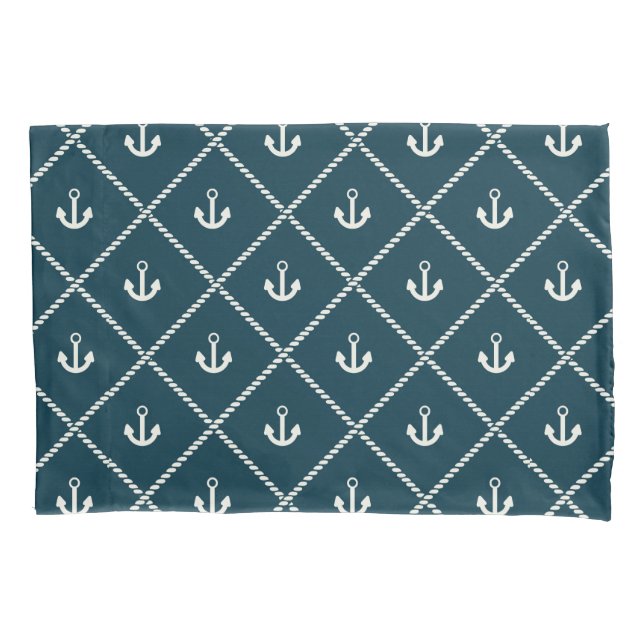 Navy Rope And Anchor Pattern Pillow Case (Front-Left)