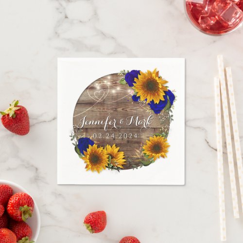 Navy Rose and Sunflower Rustic Wood Napkin