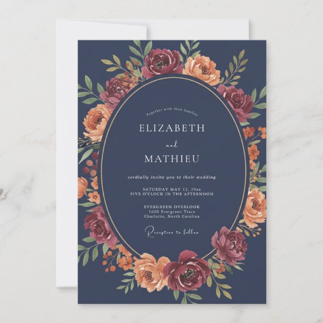Navy Rose Bloom Romance Wedding Invitation (Front)