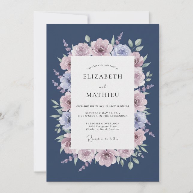 Navy Rose Blossom Flourish Wedding Invitation (Front)