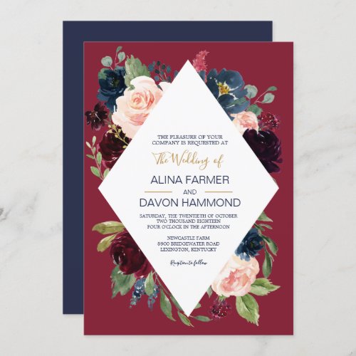 Navy Rose Burgundy Botanical Frame II Wedding Invitation