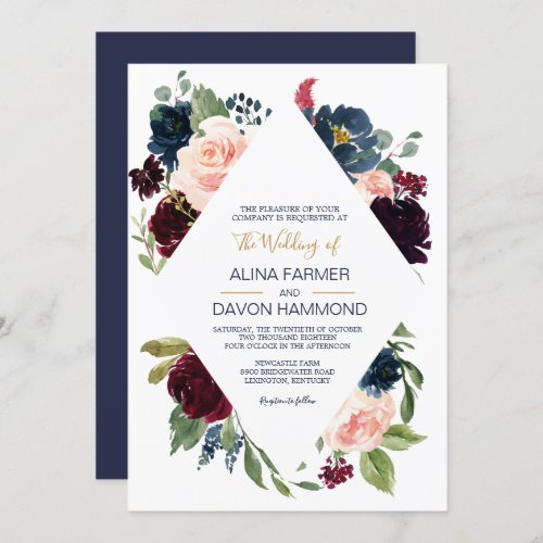 Navy Rose Burgundy Botanical Frame Wedding Invitation