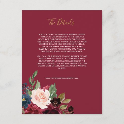 Navy Rose Burgundy Floral II Wedding Enclosure Card