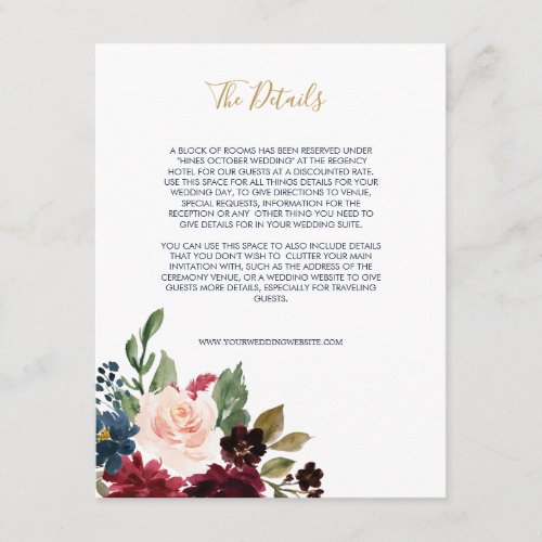 Navy Rose Burgundy Floral III Wedding Enclosure Card
