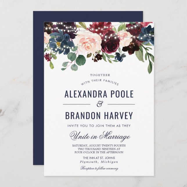 Navy Rose Burgundy Floral String Lights Wedding Invitation (Front/Back)