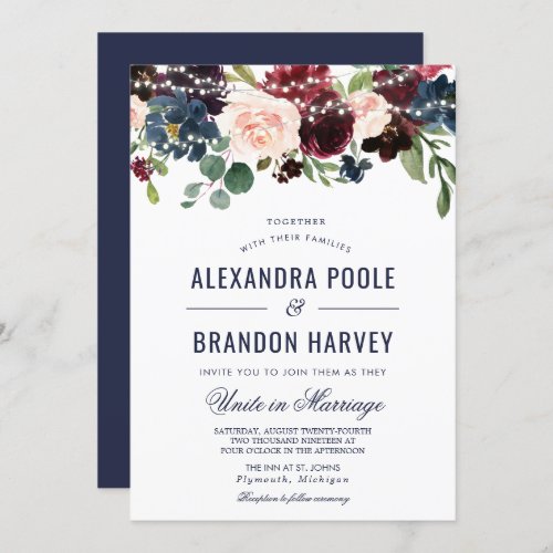 Navy Rose Burgundy Floral String Lights Wedding Invitation