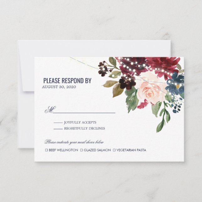 Navy Rose Burgundy Floral String Lights Wedding RSVP Card (Front)
