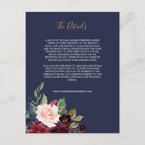 Navy Rose Burgundy Floral Wedding Enclosure Card