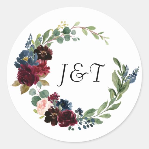 Navy Rose Burgundy Floral Wedding Monogram Classic Round Sticker