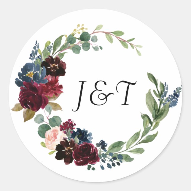 Navy Rose Burgundy Floral Wedding Monogram Classic Round Sticker (Front)