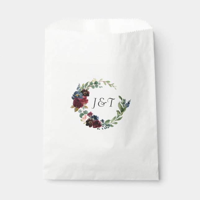 Navy Rose Burgundy Floral Wedding Monogram Favor Bag (Front)