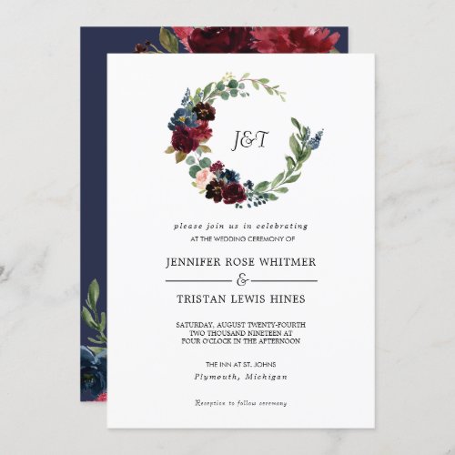 Navy Rose Burgundy Floral Wreath Monogram Wedding Invitation