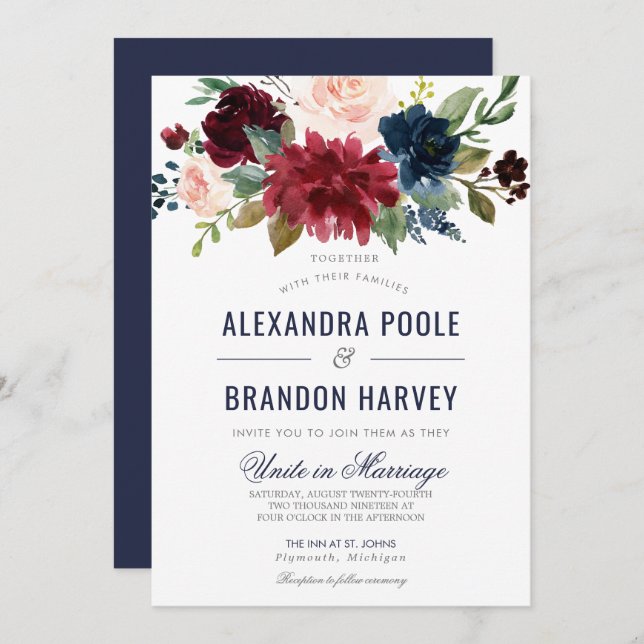 Navy Rose Burgundy Modern Floral Wedding Invitation (Front/Back)