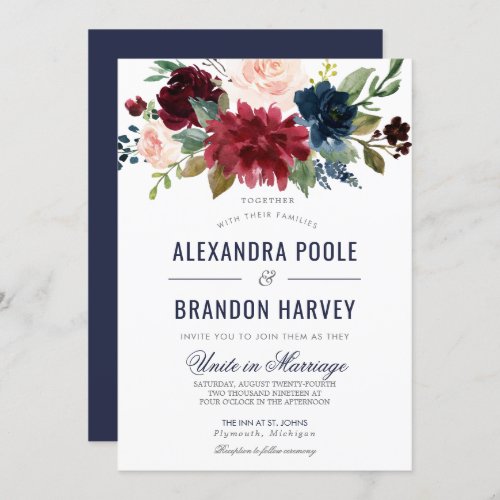 Navy Rose Burgundy Modern Floral Wedding Invitation