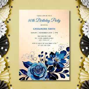 Navy Rose Butterfly Gold Glitter Peach Birthday Invitation