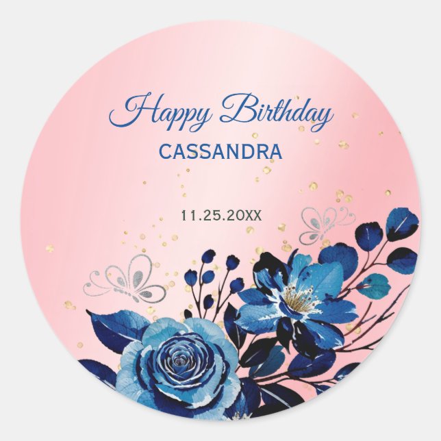 Navy Rose Butterfly Gold Glitter Pink Birthday  Classic Round Sticker (Front)