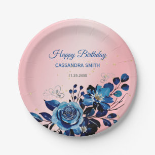 Navy Rose Butterfly Gold Glitter Pink Birthday Paper Plates