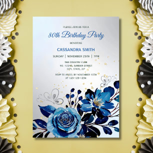 Navy Rose Butterfly Gold Glitter Silver Birthday Invitation