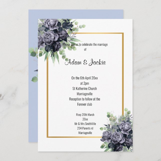 NAVY ROSE EUCALYPTUS TRIM ELEGANT WEDDING INVITATION (Front/Back)
