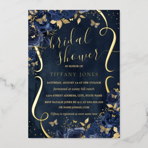 Navy Rose Floral Butterfly Bridal Shower  Foil Invitation