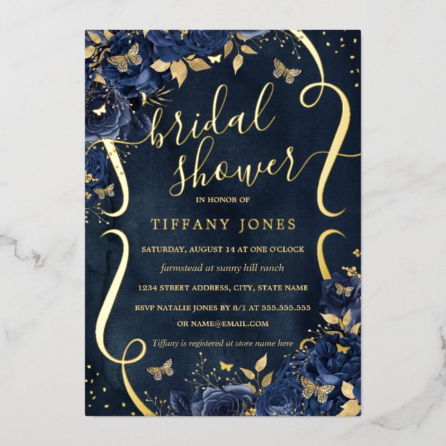 Navy Rose Floral Butterfly Bridal Shower  Foil Invitation (Front)