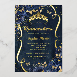 Navy Rose Floral Butterfly Tiara Quinceanera Foil Invitation