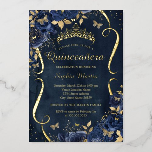 Navy Rose Floral Butterfly Tiara Quinceanera Foil Invitation