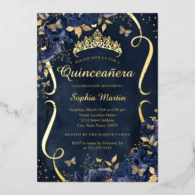 Navy Rose Floral Butterfly Tiara Quinceanera Foil Invitation (Front)