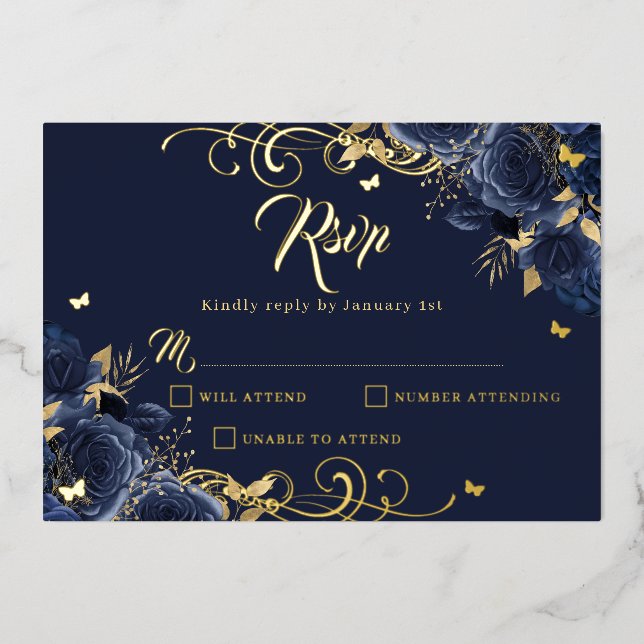 Navy Rose Floral Gold Swirl Gold Quinceanera  Foil Invitation (Front)