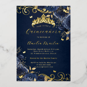 Navy Rose Floral Gold Swirl Quinceanera   Foil Invitation