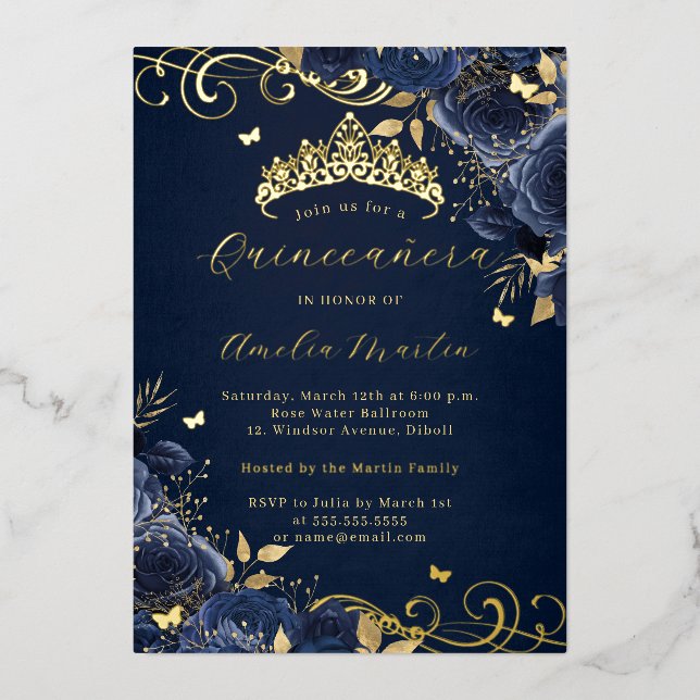 Navy Rose Floral Gold Swirl Quinceanera   Foil Invitation (Front)