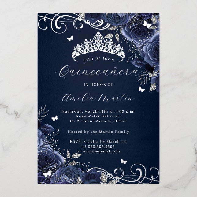 Navy Rose Floral Silver Swirl Quinceanera   Foil Invitation (Front)