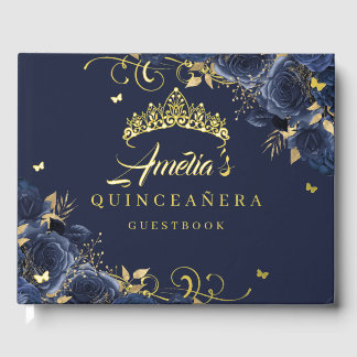 Navy Rose Floral Swirl Quinceanera Gold Foil Guest Book