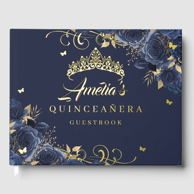 Navy Rose Floral Swirl Quinceanera Gold   Foil Guest Book (Front)