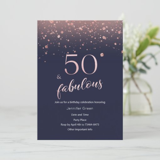 Navy Rose Gold 50th Birthday Invitation | Zazzle