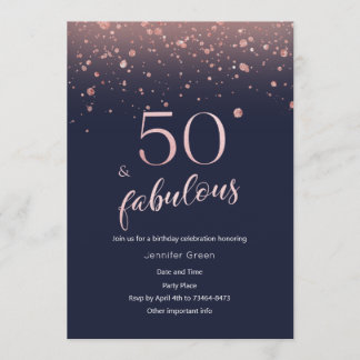 Navy Rose Gold 50th Birthday Invitation