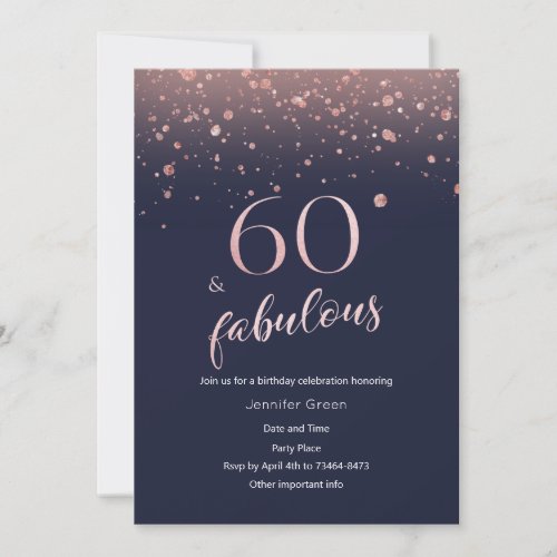 Navy Rose Gold 60th Birthday Invitation